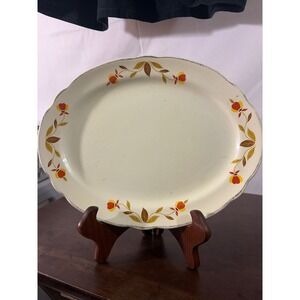 Hall China Autumn Leaf Serving Platter Jewel Tea 11.5" Cream Floral Oval UV Glow